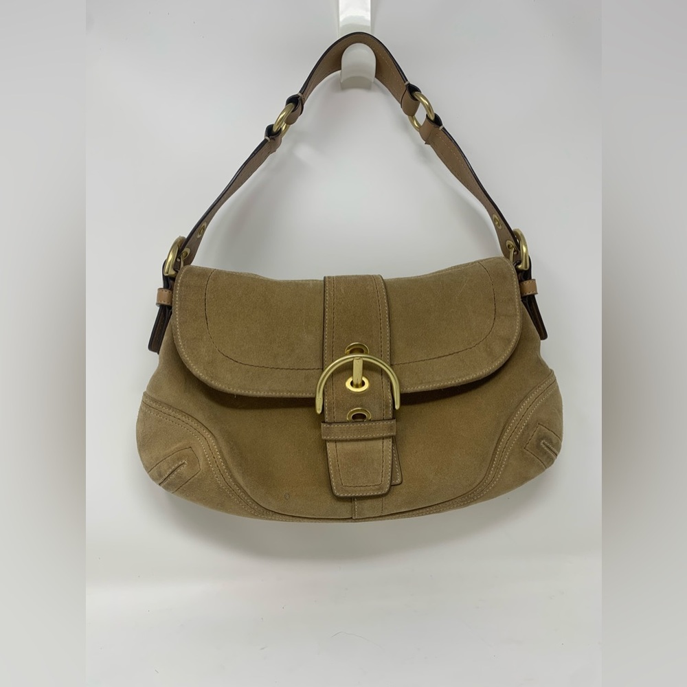 Auth Coach light brown Suede & leather hobo bag Buckle Flap No F060 - F10193